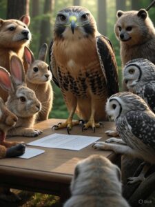 micromanager , animals, business meeting in the forest